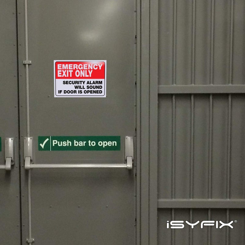 iSYFIX Emergency Exit Only Stickers â€“ 2 Pack 10x7 Inch â€“ Premium Self-Adhesive Vinyl, Laminated UV, Weather, Scratch, Water & Fade Resistance, Security Alarm Will Sound if Door is Opened Signs - Image 5